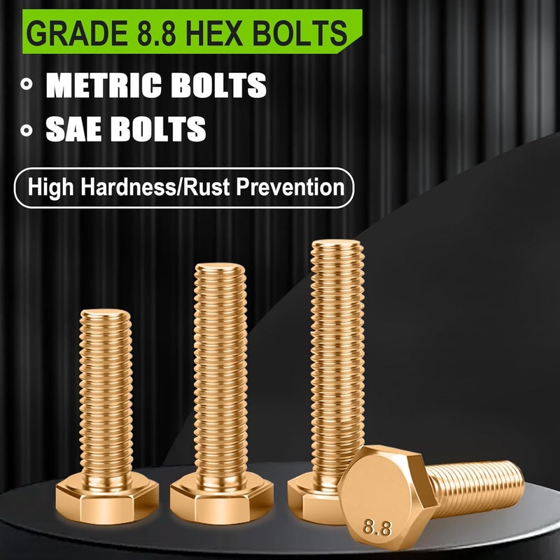 Twidec /Metric＆SAE Bolt Assortment,Grade 8.8 Hex Head Bolts and Nuts Assortment Kit, M4 M5 M6 M8 1/4-20 5/16-18 3/8-16 Heavy Duty Nuts and Bolts Kit Gold Zinc Plating with Storage Case - Image 2